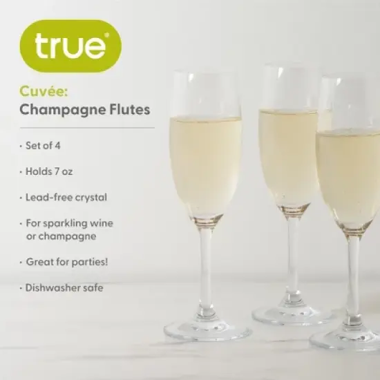 True Cuv&eacute;e Champagne Flutes, Lead-Free Crystal Sparkling Wine Glasses, Stemmed Wine Glass Set, Set of 4, 7 Ounces, Clear Finish image {1}