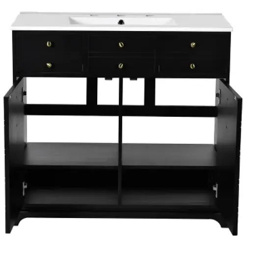 36'' Retro Bathroom Vanity with Ceramic Sink, Solid Wood Frame Freestanding Storage Cabinet with Soft-Close Doors & Drawers - ModernLuxe image {9}