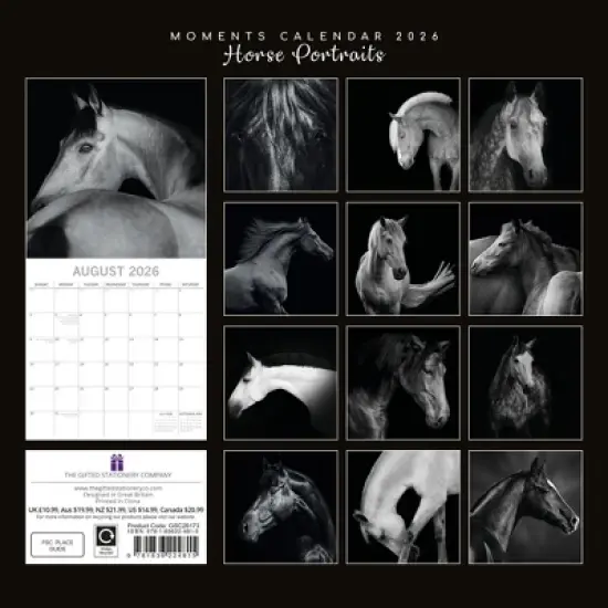 2026 Square Wall Calendar, Horse Portraits, 16-Month Black and White Photos Theme with 180 Reminder Stickers (12x12 In) image {3}
