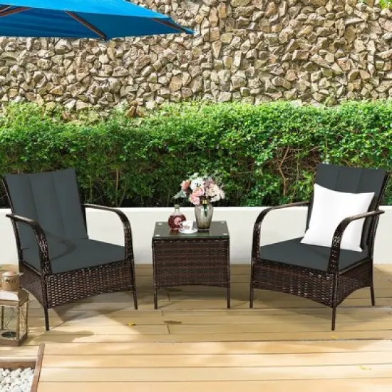 Costway 3 PCS Patio Rattan Furniture Set Coffee Table & 2 Rattan Chair W/Gray Cushions image {3}
