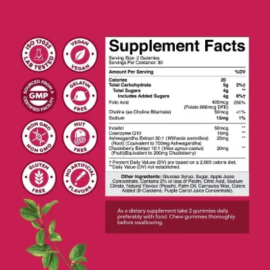 Female Fertility Support Gummies, Support Conception & Hormonal Balance with Myo-Inositol Folic Acid & Vitex Chasteberry, Peach, Nature's Craft, 60ct image {2}