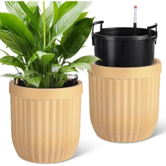 31" Marble Finish Self-Watering Planters Set of 2, Water Level Monitor, Ideal for Living Room, Office, Patio, Porch, and Garden, Black image {9}