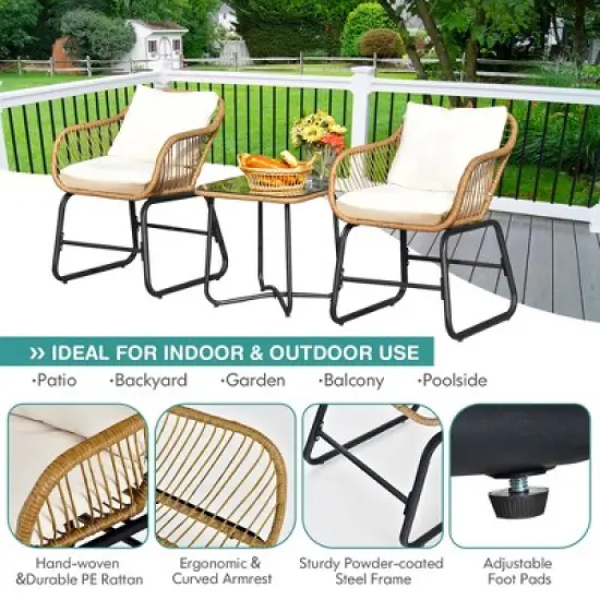 Costway 3PCS Patio Rattan Bistro Set All-Weather Cushioned Chair Table White image {6}