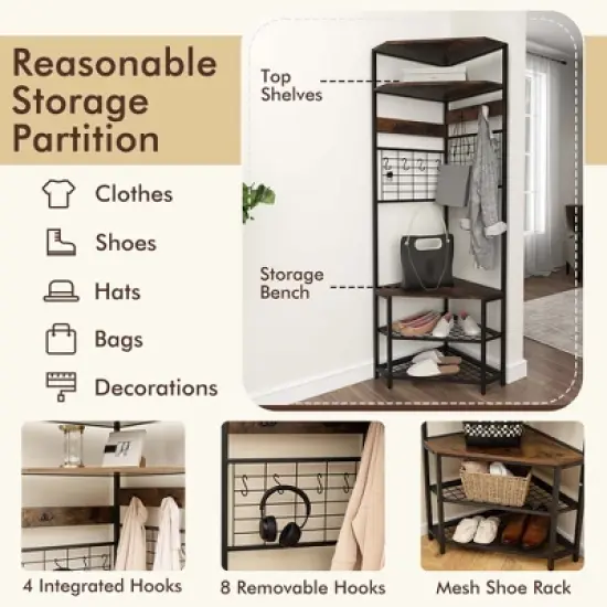 Tangkula 5-Tier Corner Hall Tree w/ Shoe Storage Bench 12 Metal Hooks for Living Room Brown image {6}