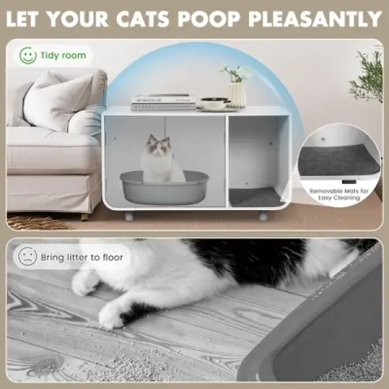 Costway Cat Litter Box Enclosure Furniture Hidden Cat Washroom with Rubber Wood Legs image {9}