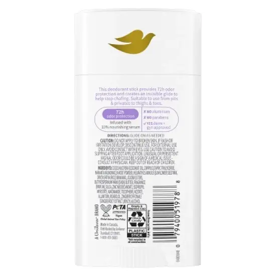 Dove Beauty Whole Body Solid Deodorant Anti-Chafe Stick Coconut & Vanilla - Aluminum-Free 2.6oz image {2}