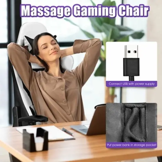Costway Massage Gaming Chair Reclining Racing Office Computer Chair with Footrest White image {5}