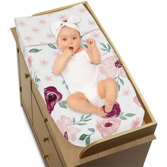 Sweet Jojo Designs Girl Changing Pad Cover Watercolor Floral Pink White and Green image {1}