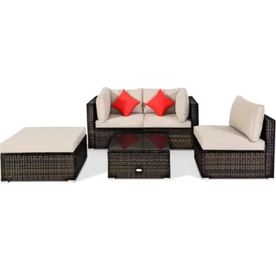 Tangkula 5PCS Rattan Sectional Sofa Set Patio Furniture Set w/ Beige Cushion Pillow image {9}