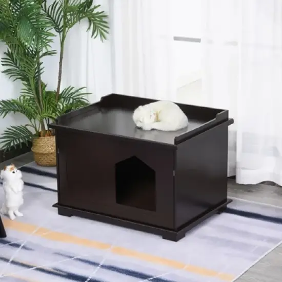 PawHut Wooden Cat Litter Box Covered Mess Free End Table Hideaway Storage Cabinet, Brown image {2}