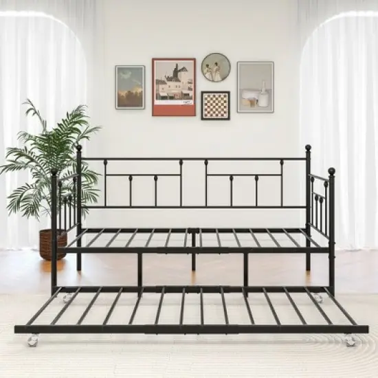 Twin Size Daybed Metal Frame with Trundle Set, Twin Day Bed Sofa, Daybed and Roll Sofa Bed for Guest Room, Bedroom, Living Room, Victorian Style image {10}
