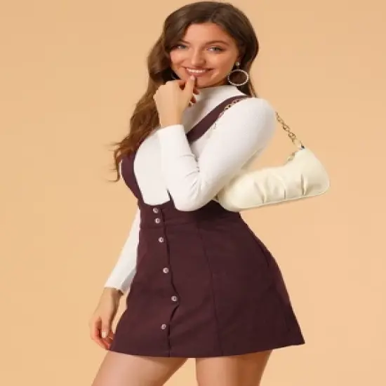 Allegra K Women's Corduroy Overall Dress A-line Decor Button Front Suspender Skirt image {2}