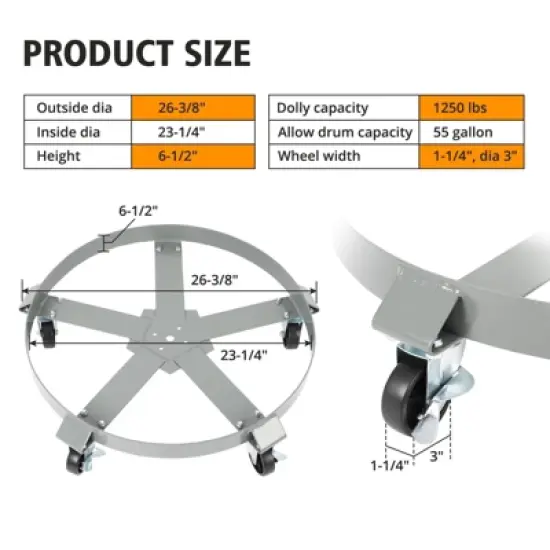 Drum Dolly Barrel Cart - Heavy Duty 5-Wheel Design w/ Dual Brakes & 500kg Capacity, Industrial Roller Trolley for Warehouse, 2 Pack image {4}