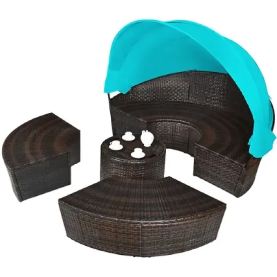 Tangkula Cushioned Patio Rattan Round Daybed w/ Adjustable Table 3 Pillows Turquoise image {10}
