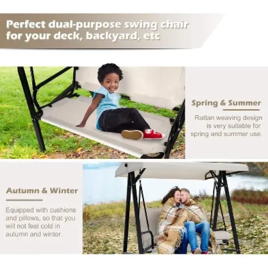 COWLOWN Beige Outdoor 2 Seat Swing Chair with Adjustable Canopy and Removable Cushion, Suitable for Backyard, Garden, Yard, Poolside, Balcony image {5}