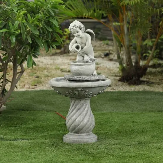 LuxenHome Gray Resin Cherub Birdbath Outdoor Fountain image {1}