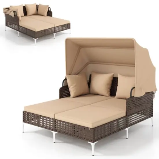 Costway Outdoor Rattan Double Daybed with  Retractable Canopy & Seat Back Cushions image {10}