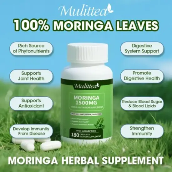 Mulittea Moringa Oleifera 1500 mg | 180 Powder Capsules for Men and Women | 90 Servings image {2}