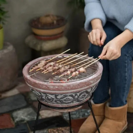 Vintiquewise Indoor and Outdoor Small Red and Grey Grill Clay Fire Pit and Accent Design and Metal Stand image {2}