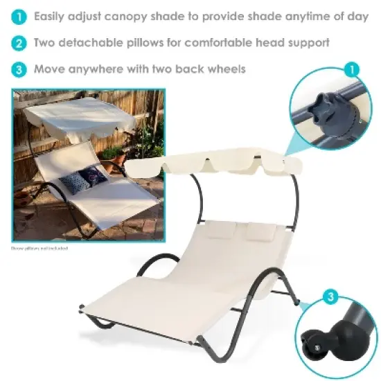 Sunnydaze Outdoor Double Chaise Lounge with Canopy Shade and Headrest Pillows, Beige image {1}