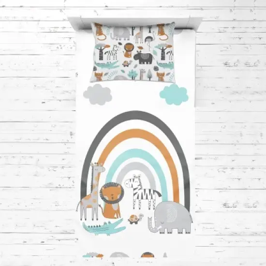 Bacati - Jungle Safari Animals Aqua/Orange/Gray 5 pc Cotton Toddler Bedding Set image {5}