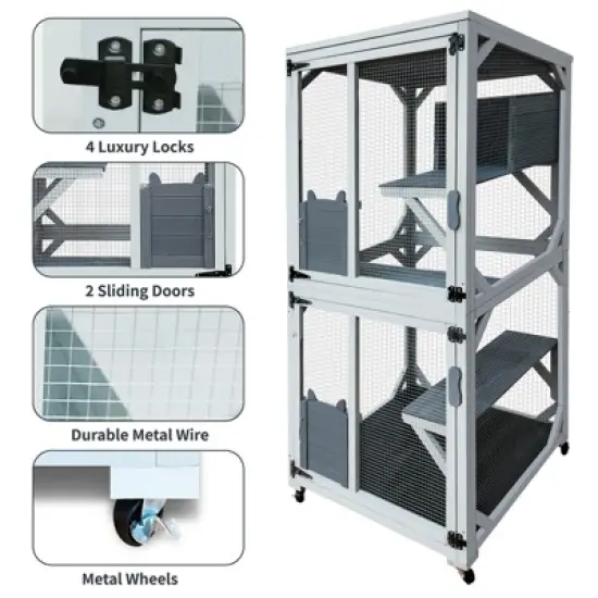 LOVMOR Wooden Catio Outdoo Cat Enclosure on Wheels, Kitty Condo Cage Shelter Playpen w/ Sliding Doors, Platforms & Weatherproof Asphalt Roof image {4}