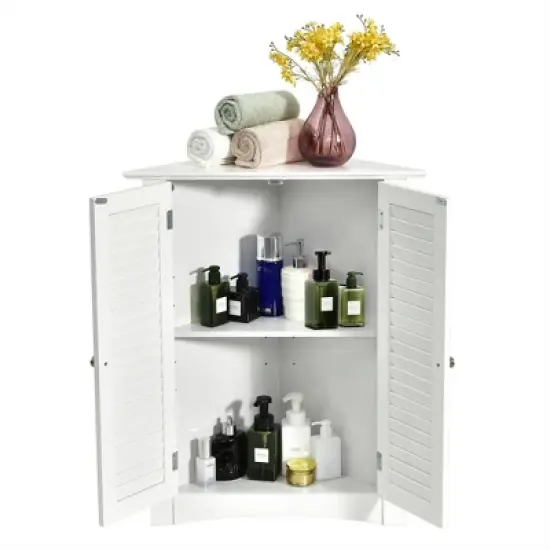 Costway Corner Storage Cabinet Freestanding Floor Cabinet Bathroom w/ Shutter Door White image {9}