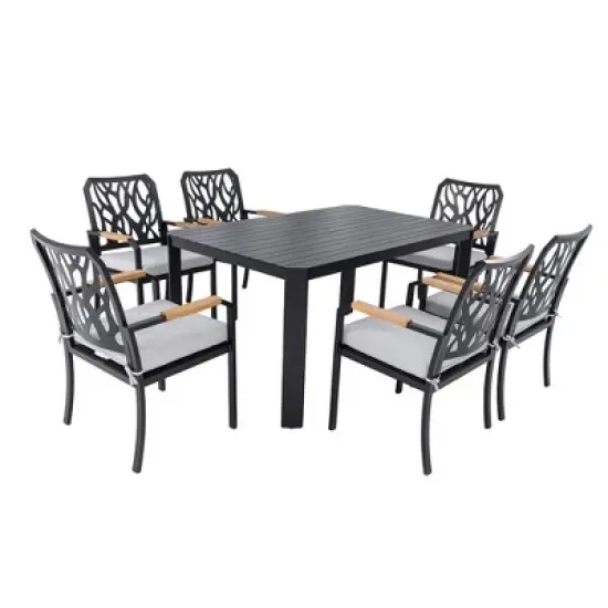 Christopher Knight Home Miles 7 Piece Modern Patio Upholstered&nbsp;Aluminum Dining Set with Sunbrella Cushions and 59&rdquo; Rectangular Table image {1}