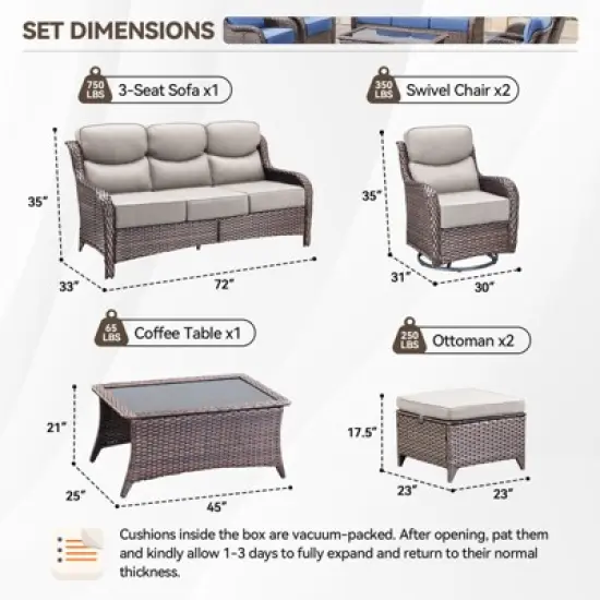 Gymojoy 6 Pieces Outdoor Patio Sofa Ottoman with Swivel Chairs Table image {1}