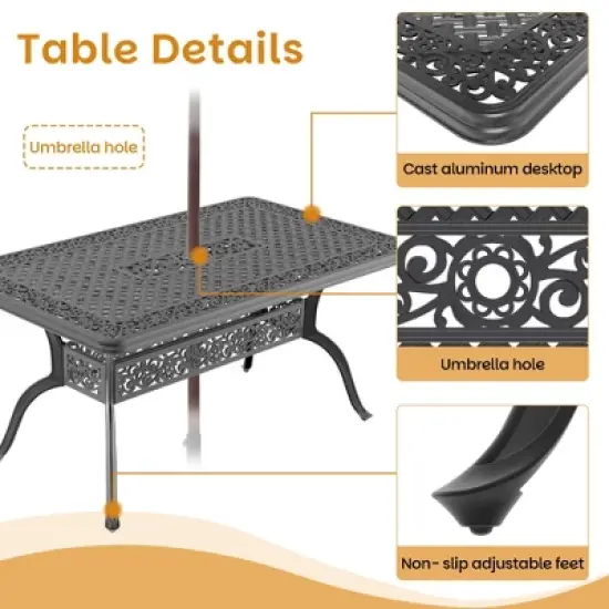 5-Piece Cast Aluminum Outdoor Dining Set: Rectangle Table, Stackable Chairs & Brown Cushions - All-Weather Patio Furniture for Your Backyard image {9}