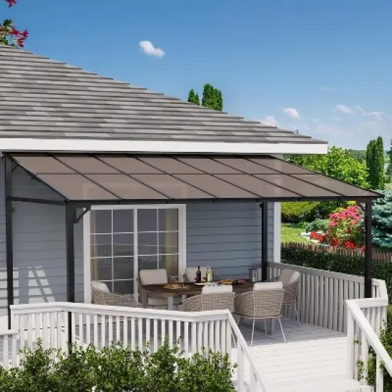 10x14ft Hardtop Lean-to Wall-Mounted Gazebo, All-Weather Pergola with 6mm Polycarbonate Roof & Reinforced Frame for Deck, Porch, Backyard, Garden image {7}