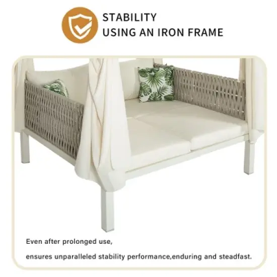 Outdoor Patio Rattan Canopy Daybed Sunbed with Curtain and Woven Rope Arm image {14}