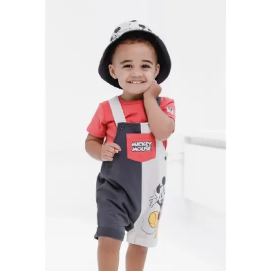 Disney Mickey Mouse Baby French Terry Short Overalls T-Shirt and Hat 3 Piece Outfit Set Newborn to Infant image {3}