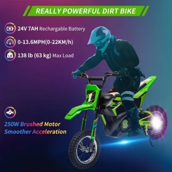 24V Kids Ride-On Motorcycle, Electric Off-Road Dirt Bike with 250W Motor, 13.6 MPH Speed, Chain Drive, Leather Seat, Disc Brake,Pneumatic Tires Green image {3}