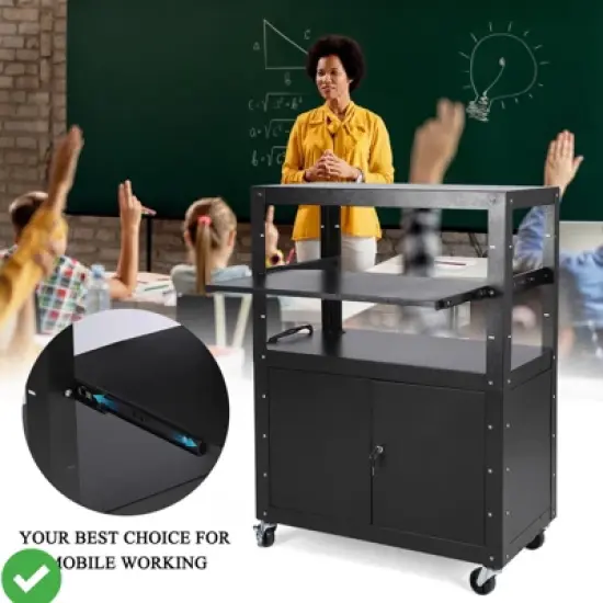 Rolling/Mobile AV Cart w/Locking Cabinet Laptop Stand and Drop Leaves Height Adjustable Mobile Utility Cart Workstation image {7}