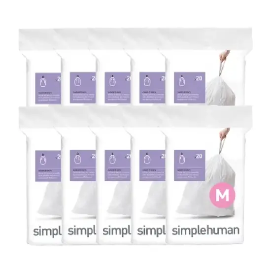 simplehuman Code M 200 Count, Genuine Custom Fit Liners, Drawstring Trash Bags in Dispenser Packs, 30-35 Liter / 8-9 Gallon, White image {4}