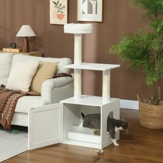 SKYONE White 3-Tier Cat Tree with Litter Box Enclosure, Scratching Posts, Climbing Platform & Top image {1}