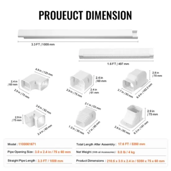 VEVOR Mini Split Line Set Cover 3-inch W 17.6Ft L, PVC Decorative Pipe Line Cover For Air Conditioner with 4 Straight Ducts, White image {7}