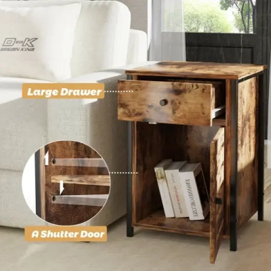 Costway 2PCS Nightstand W/ Drawer Cabinet Adjustable Shelf Industrial Side Table Rustic image {5}