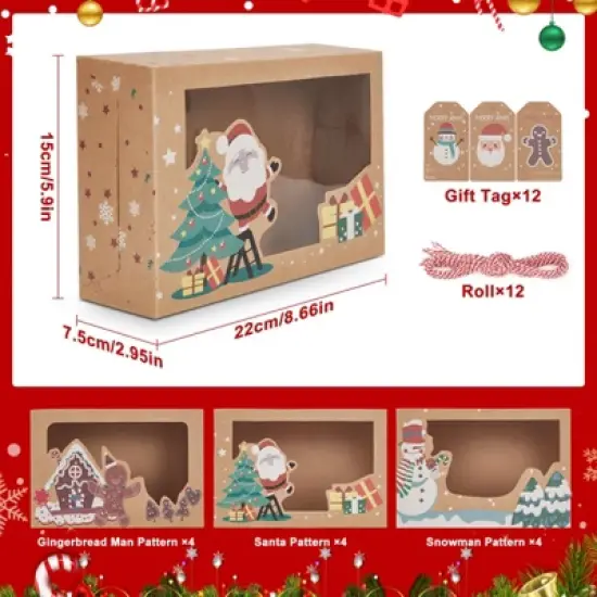 Christmas Cookie Boxes - 12 Pcs with Window, Reindeer Santa Design, Ribbons & Gift Tags for Pastries, Cupcakes, Christmas Parties (Style 3) image {1}