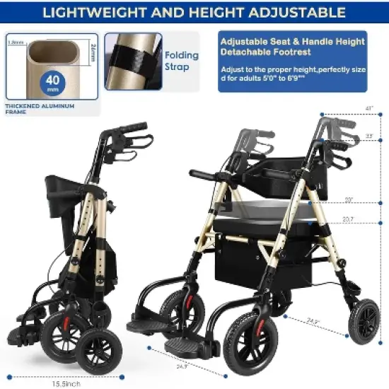 Lycvki Foldable 2 in 1 Rollator Walker with Brakes and Adjustable Seat, Handle image {6}