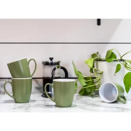 Elanze Designs Solid Color Green White Interior 16 ounce Matte Ceramic Mugs Matching Set of 4 image {4}