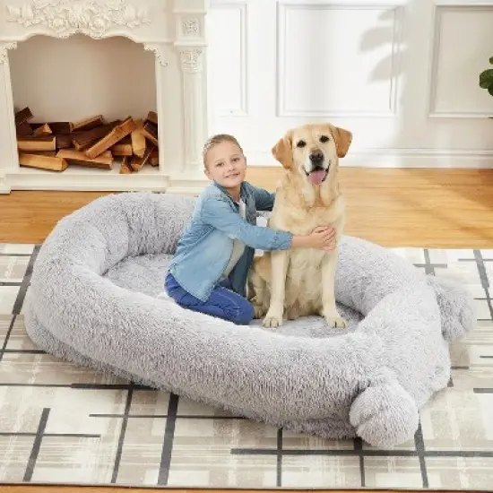 Human Dog Bed, 71''x45''x12'' Large Dog Bed with Blanket, Storage Pockets, Portable Handle, Removable Cover, Human Size Pet Bed image {8}