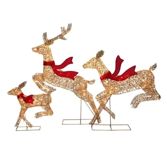 LuxenHome 3-Piece Champagne Gold PET Running Deer Family Outdoor Holiday Decoration with Lights Brown, Red image {7}