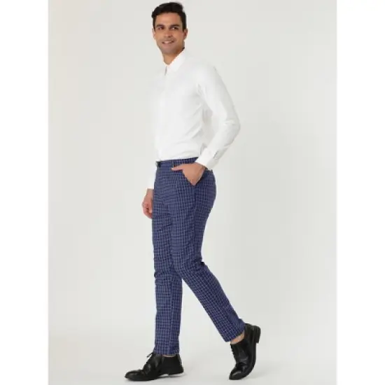 Lars Amadeus Men's Business Checked Printed Slim Fit Flat Front Plaid Dress Trousers image {3}