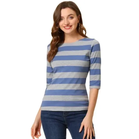Allegra K Women's Elbow Sleeves Casual Basic Boat Neck Slim Fit T-Shirts image {25}