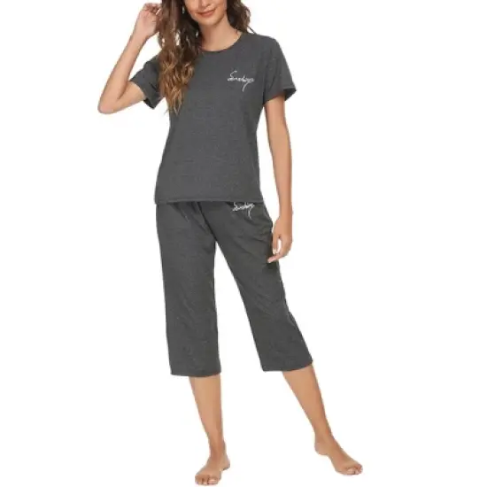 cheibear Womens Sleepwear Pajama Set Round Neck Nightwear Lounge Pjs with Capri Pants image {8}