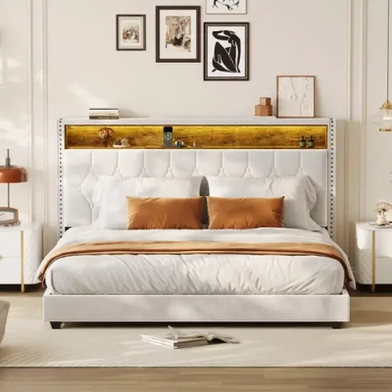 Whizmax Velvet Upholstered Platform Bed Frame With Storage Headboard, Nailhead Trim Wingback Headboard, Wood Slats Support, Off White image {2}