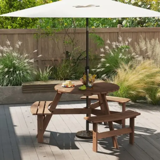 Tangkula 6-Person Round Picnic Table Set w/ 3 Built-in Benches 2" Umbrella Hole image {2}