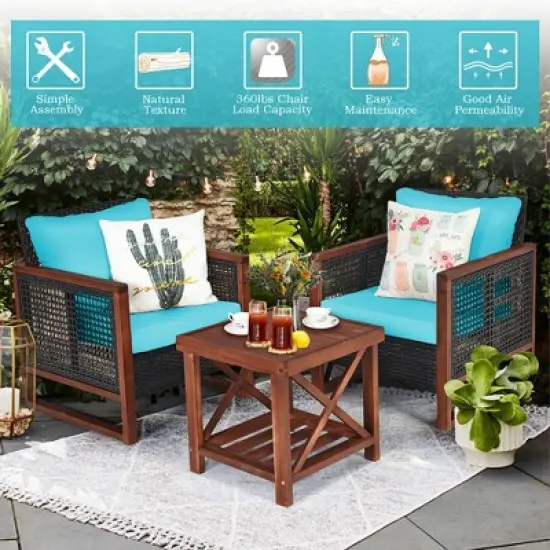 Costway 3PCS Patio Wicker Furniture Set Solid Wood Frame Cushion Sofa w/ Square Table Shelf image {5}